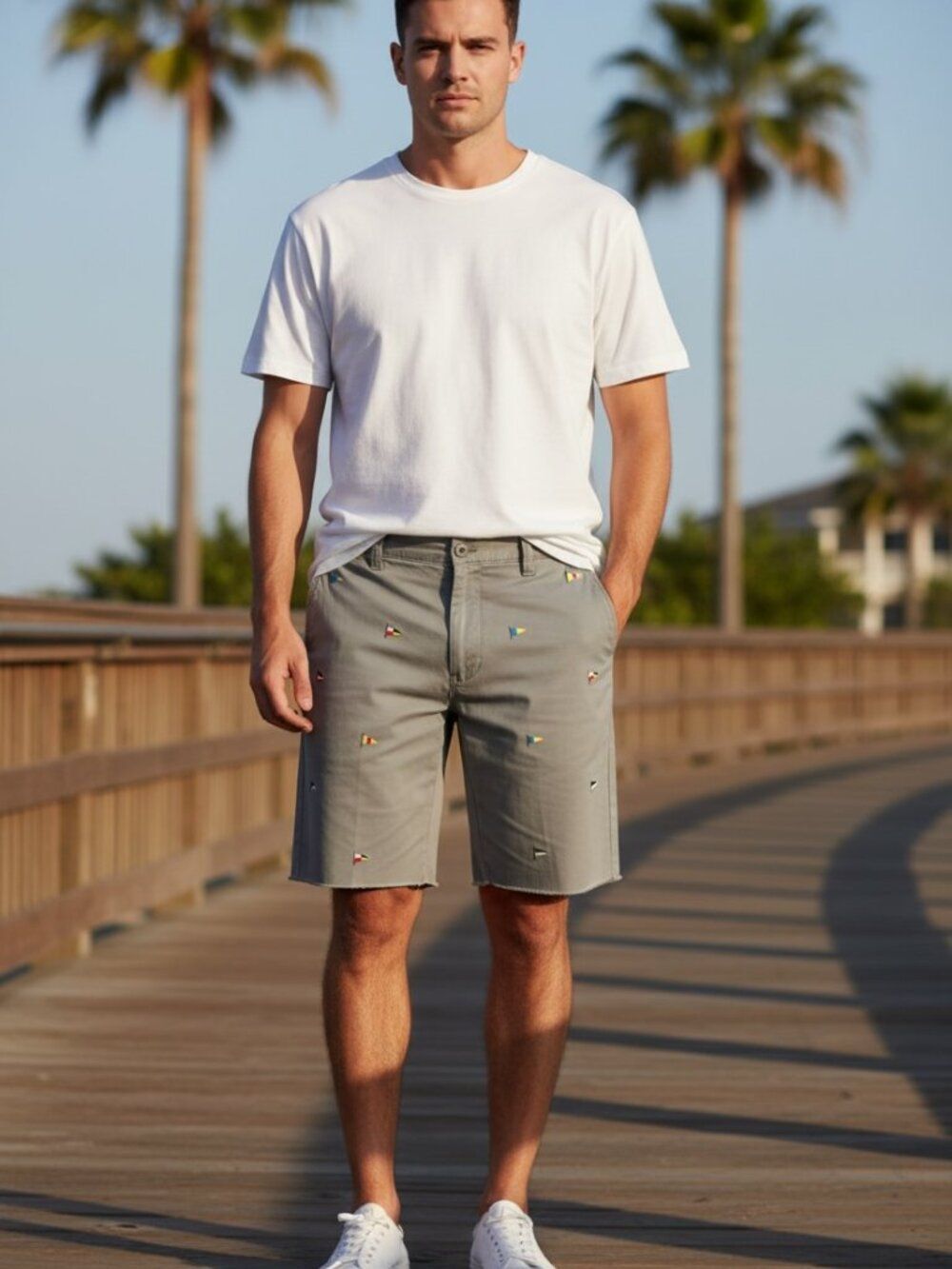 J.Crew Men's Classic Chino Shorts with  Nautical Flag Embroidered - Olive Khaki